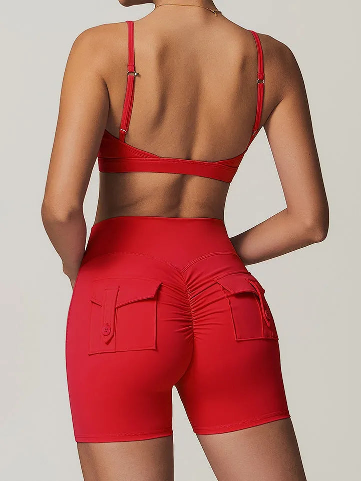 LiviaGym Female Front Folds Cross Back Backless Pocket Short Tracksuit