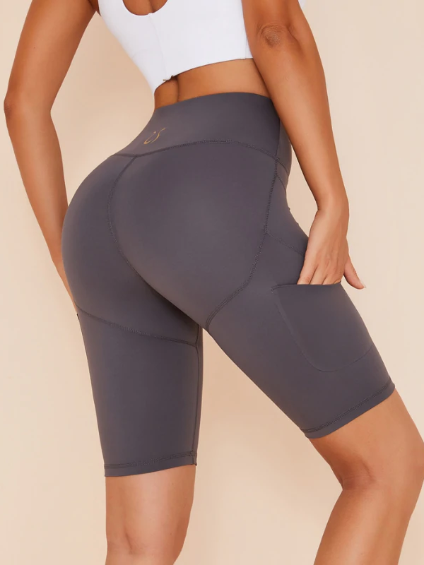 LiviaGym Female Pocket Solid Color High Waist Spandex Gym Booty Shorts