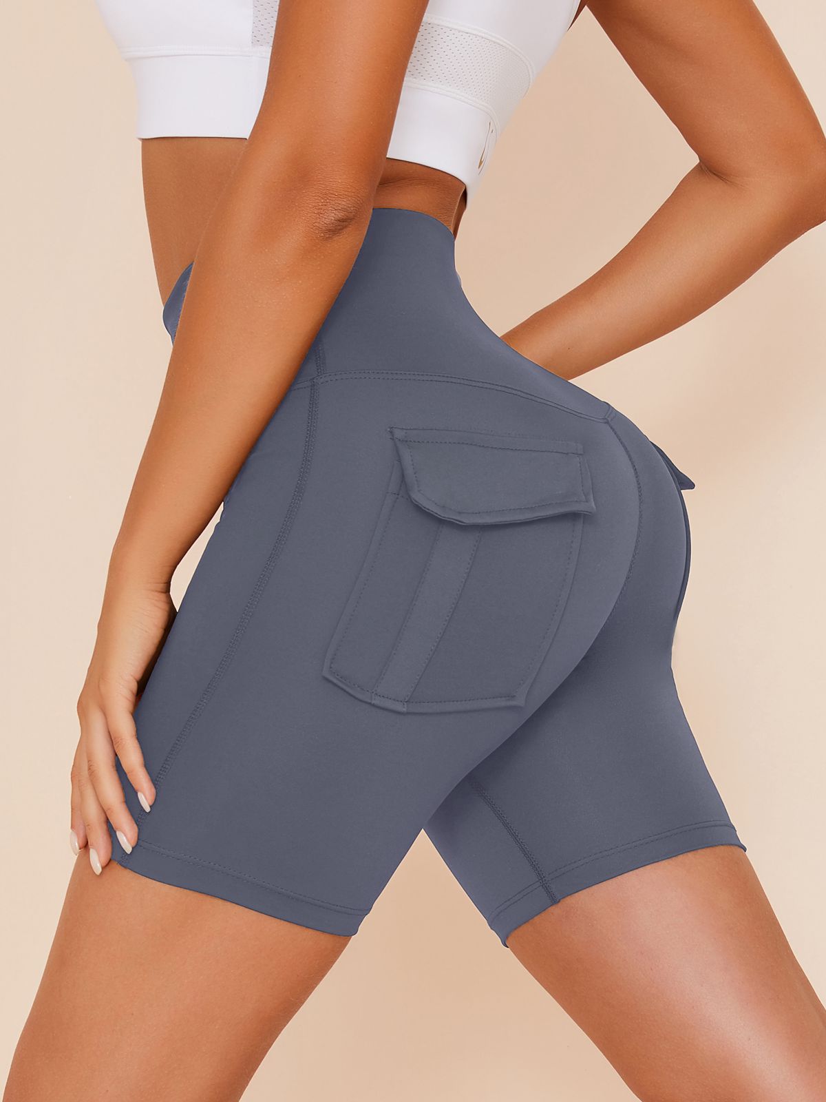 LiviaGym Female Plus Size Solid Color Pockets Spandex Gym Booty Shorts