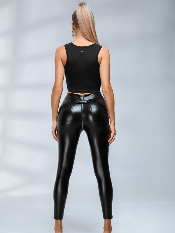 LiviaGym Female Faux Leather Zipper Buttons Pocket Leggings