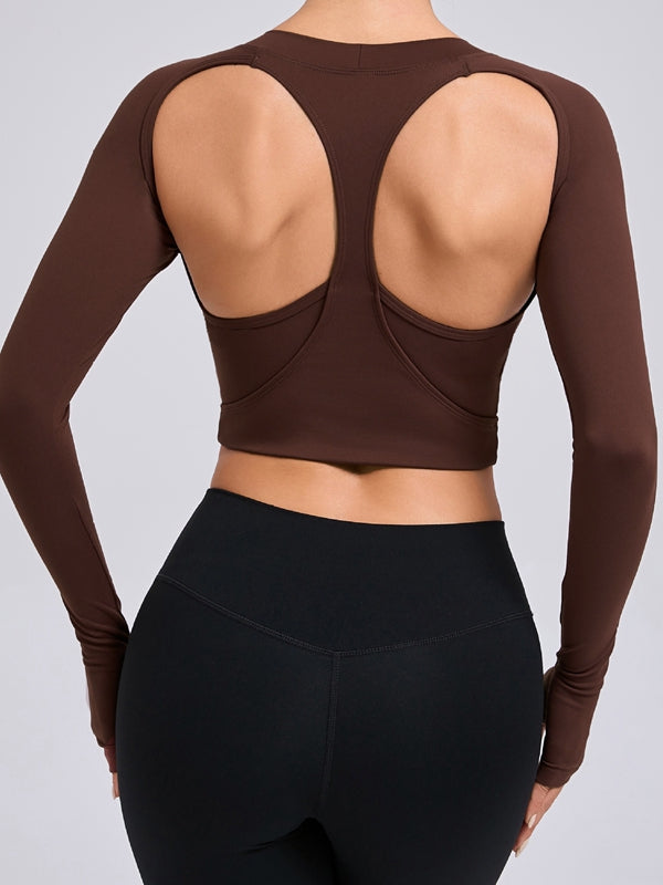 LiviaGym Female Sexy Cutout U Collar Thumbhole Long Sleeves