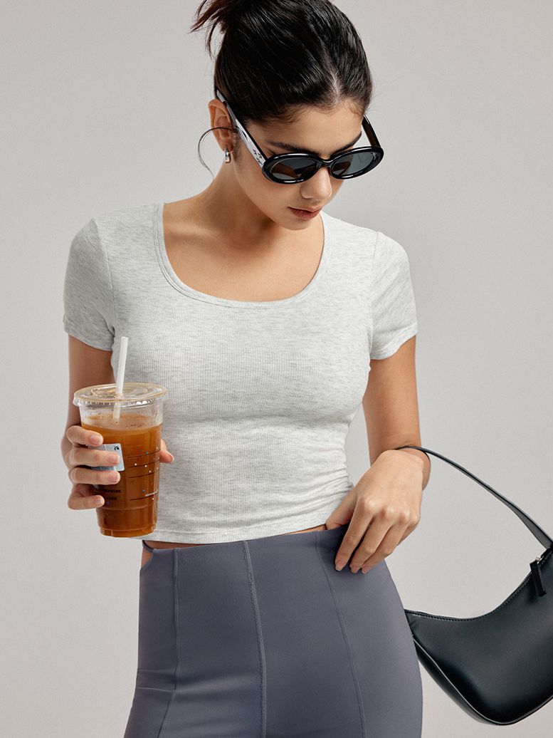 LiviaGym Female Hollow Out Backless U Collar Ribbed Short Sleeves