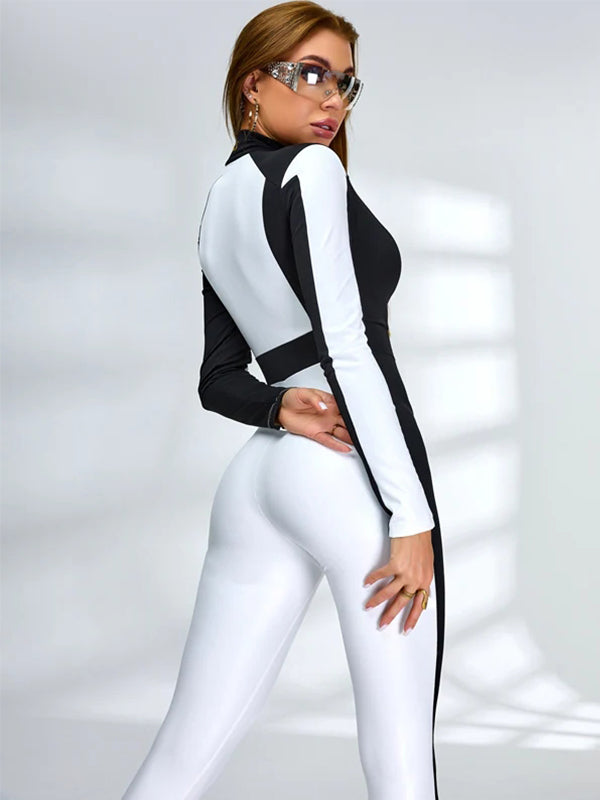 LiviaGym Female "SciFi Heroine" Contrast Color PU Half Zipper Ski Jumpsuit