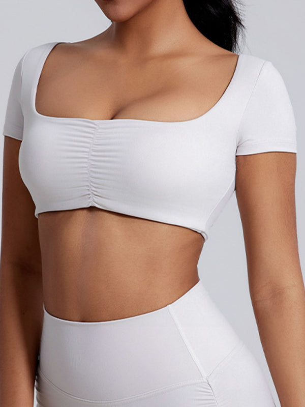 LiviaGym Female Sexy Solid Color U Collar Folds Quick Dry Short Sleeves