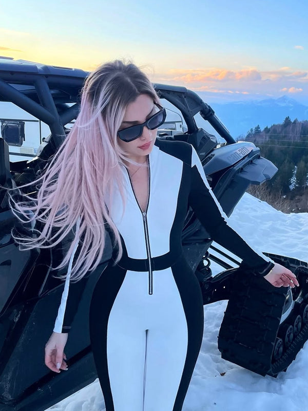 LiviaGym Female "SciFi Heroine" Contrast Color PU Half Zipper Jumpsuit