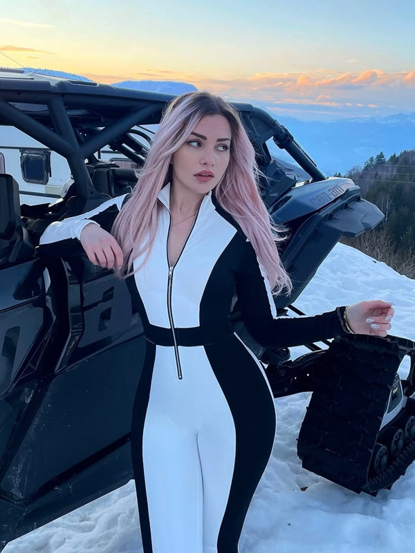 LiviaGym Female "SciFi Heroine" Contrast Color PU Half Zipper Jumpsuit