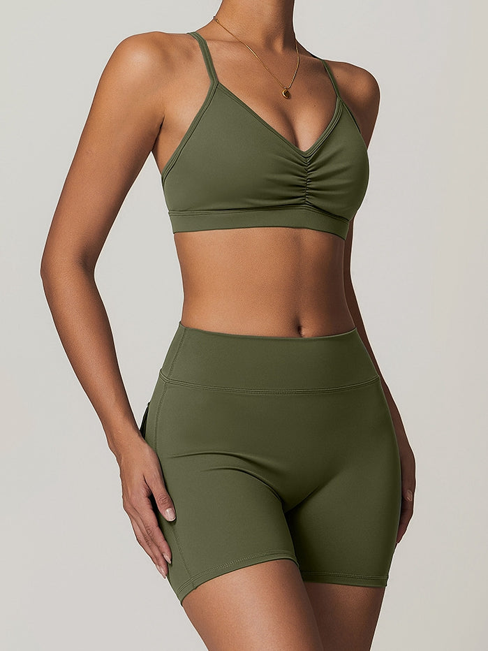 LiviaGym Female Front Folds Cross Back Backless Pocket Short Tracksuit