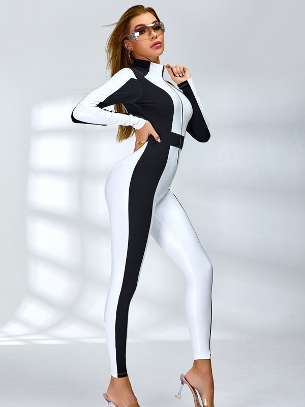 LiviaGym Female "SciFi Heroine" Contrast Color PU Half Zipper Ski Jumpsuit