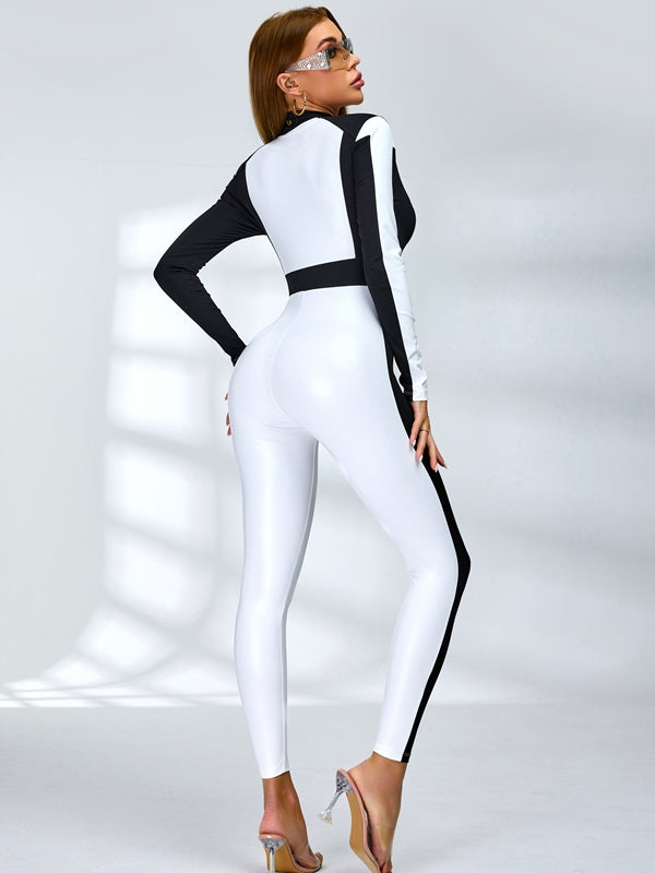 LiviaGym Female "SciFi Heroine" Contrast Color PU Half Zipper Ski Jumpsuit