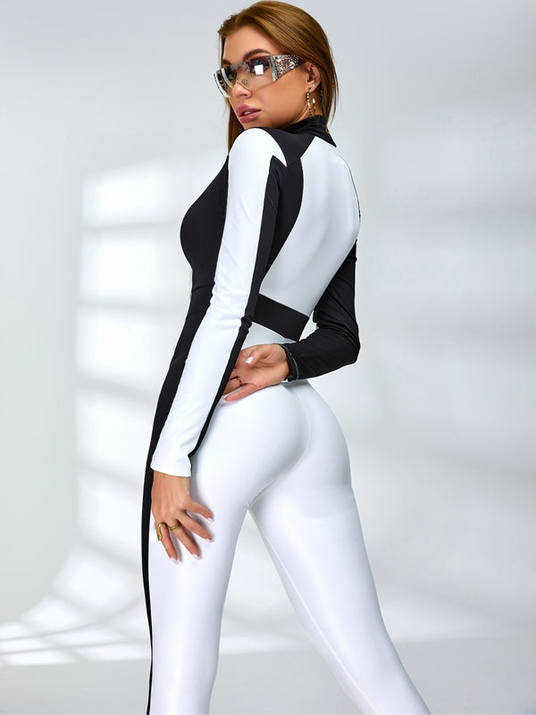 LiviaGym Female "SciFi Heroine" Contrast Color PU Half Zipper Ski Jumpsuit