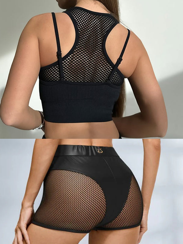 LiviaGym Female Sexy Faux Leather Fishnet Micro Hot Shorts