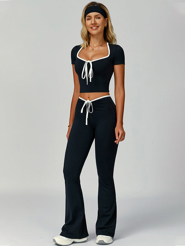 LiviaGym Female Contrast Color Lace-up V-shaped Waist Folds Tracksuit