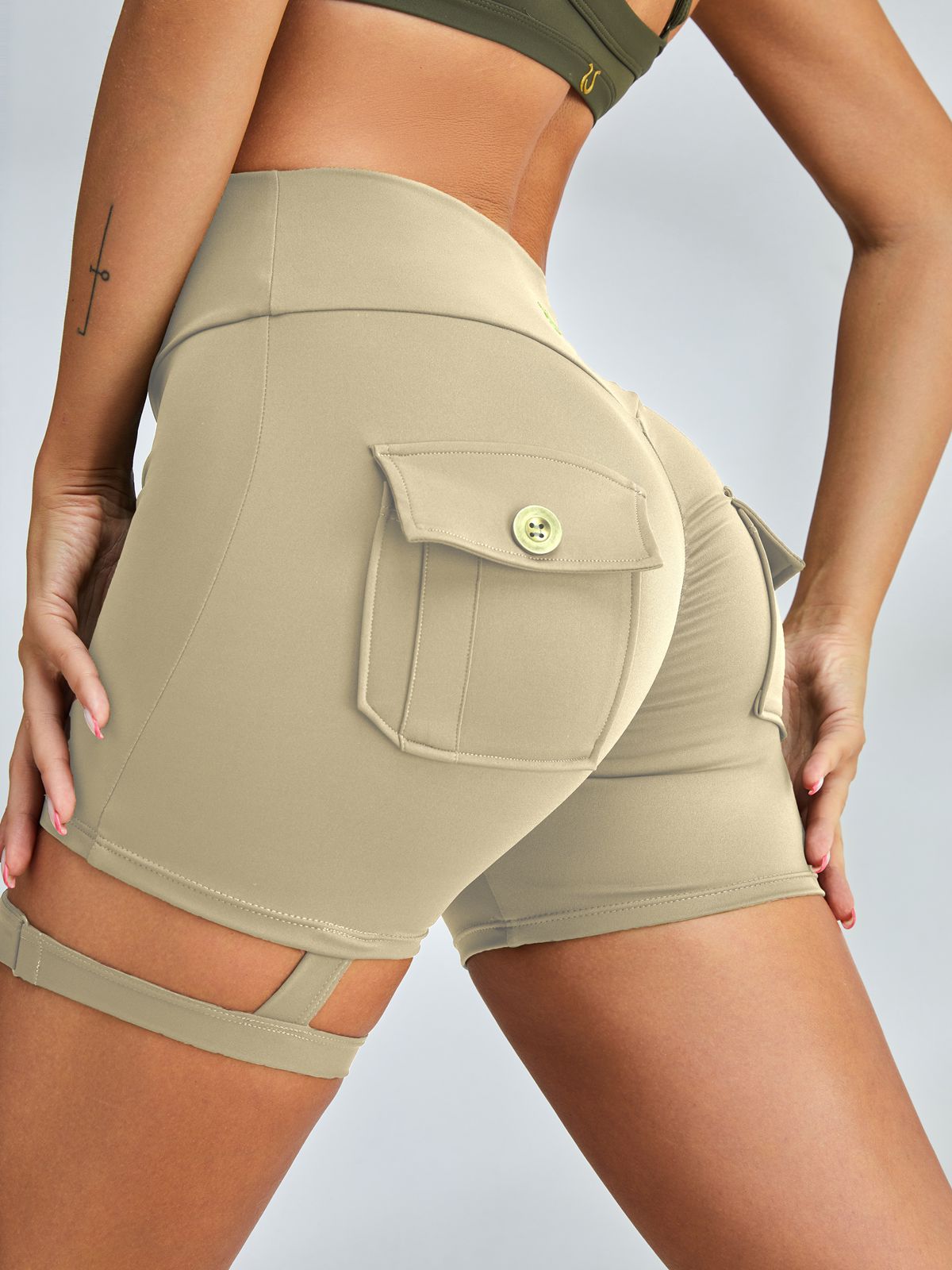 LiviaGym Female Unique Cut Out Pocket Mesh Scrunch Bum Spandex Gym Booty Shorts