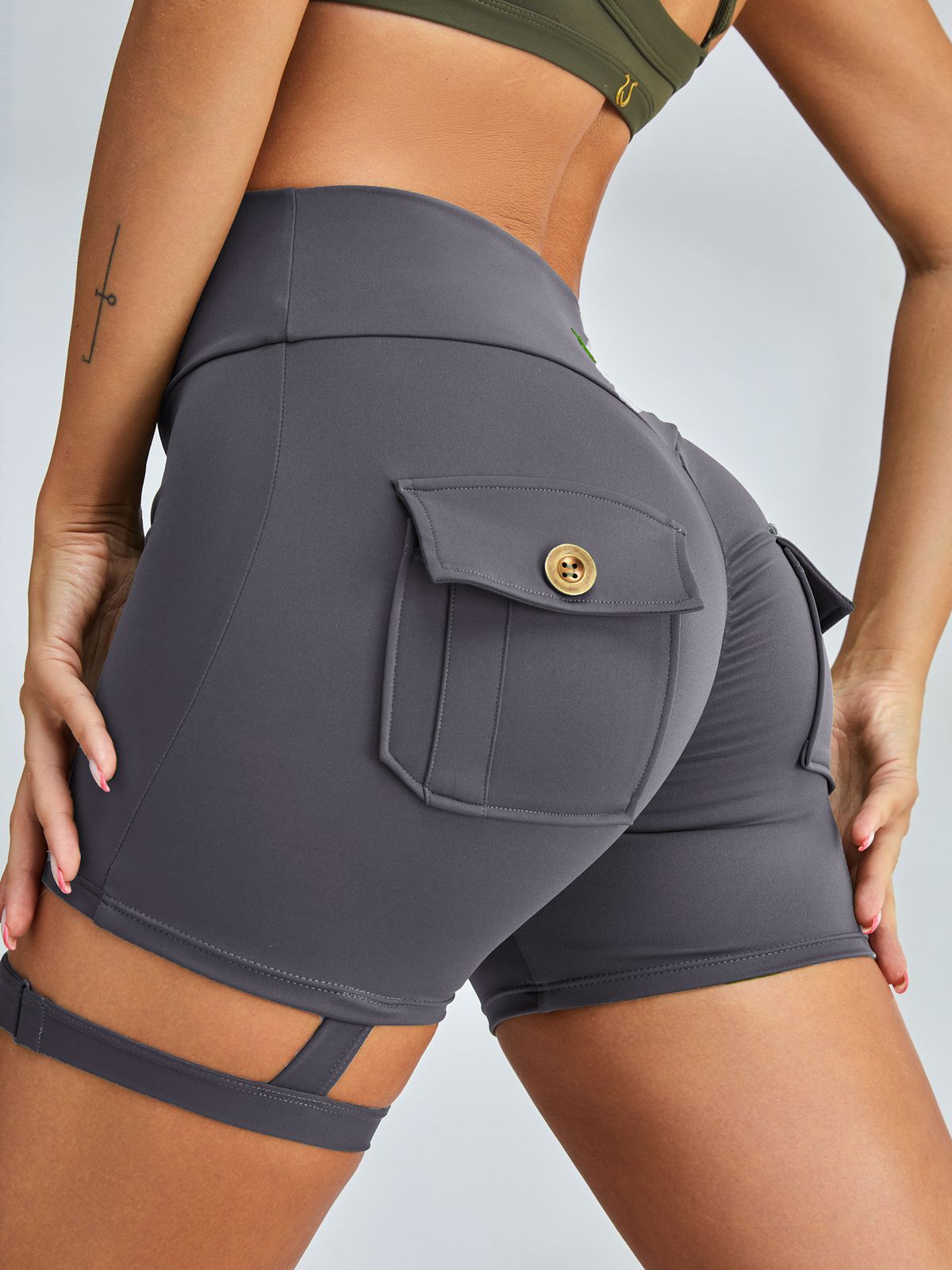 LiviaGym Female Unique Cut Out Pocket Mesh Scrunch Bum Spandex Gym Booty Shorts