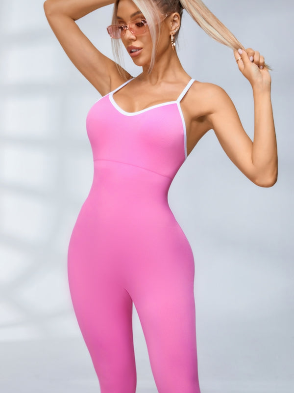 LiviaGym Female Contrast Color Cross Back Ribbed Jumpsuit