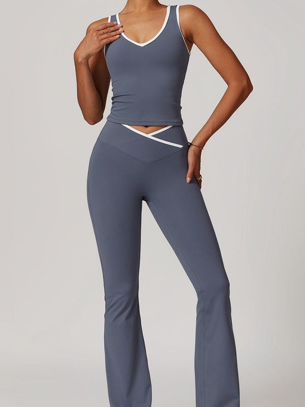 LiviaGym Female Contrast Color Deep V Collar Backless Flare Tracksuit