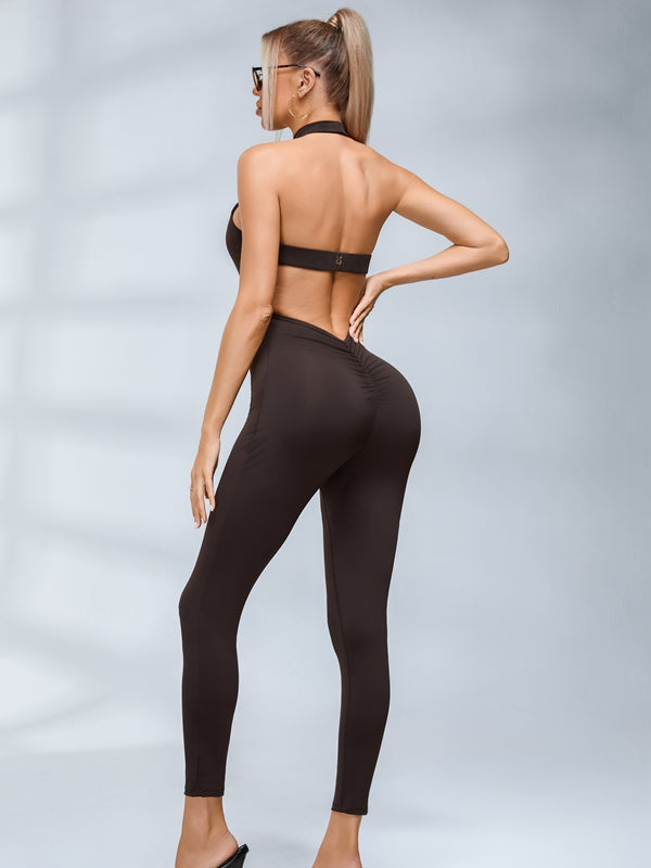 LiviaGym Female Backless Halter Deep V Back Jumpsuit