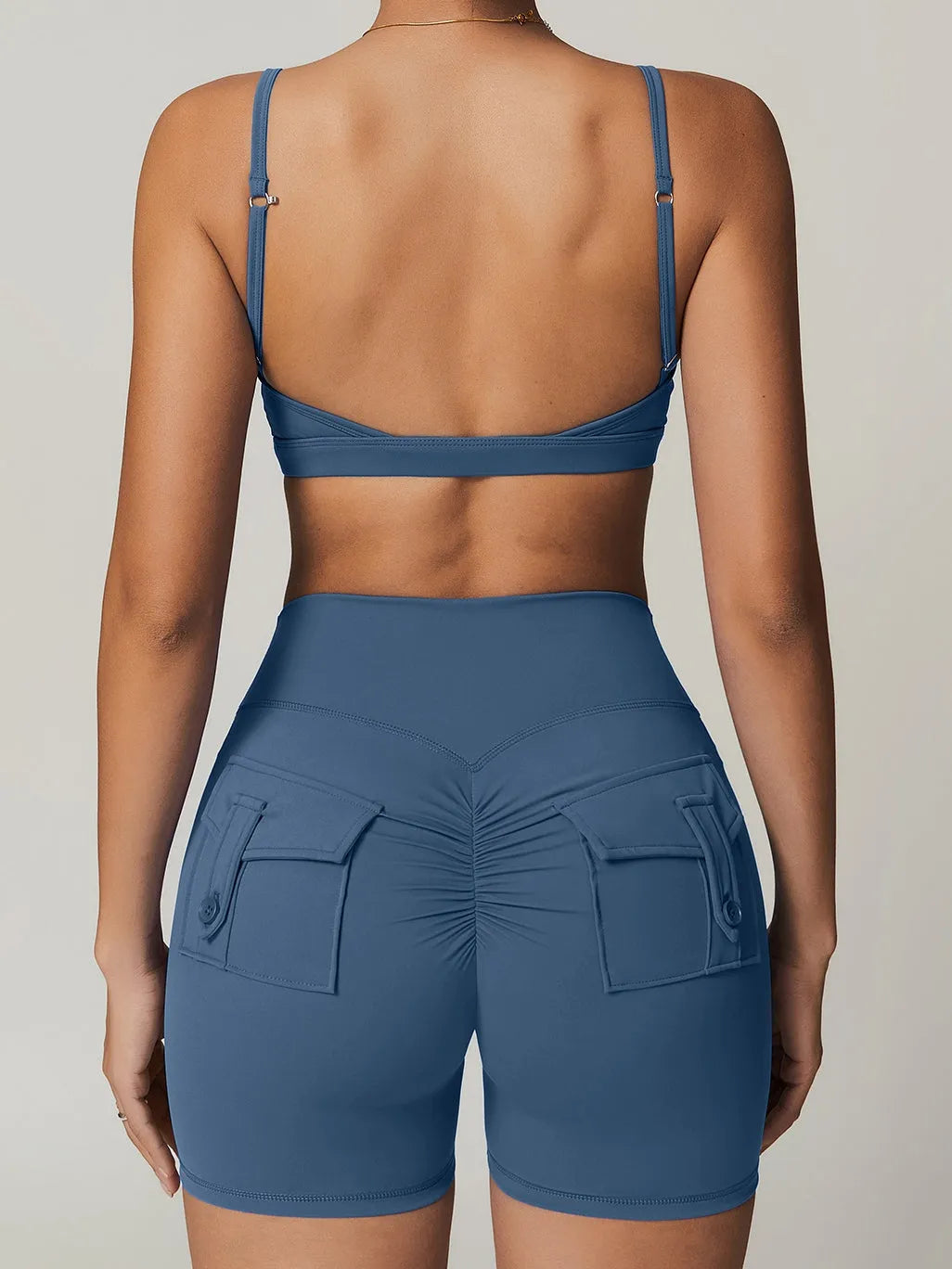 LiviaGym Female Front Folds Cross Back Backless Pocket Short Tracksuit