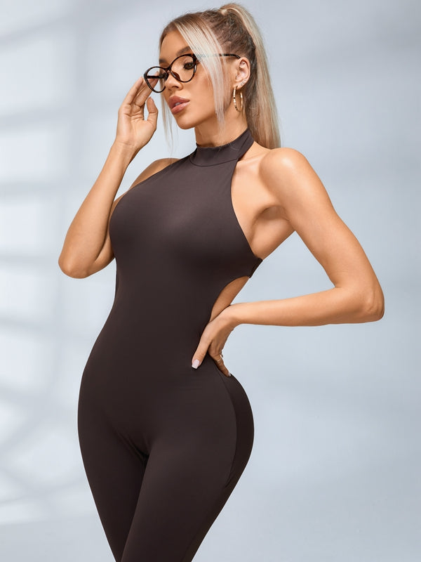 LiviaGym Female Backless Halter Deep V Back Jumpsuit
