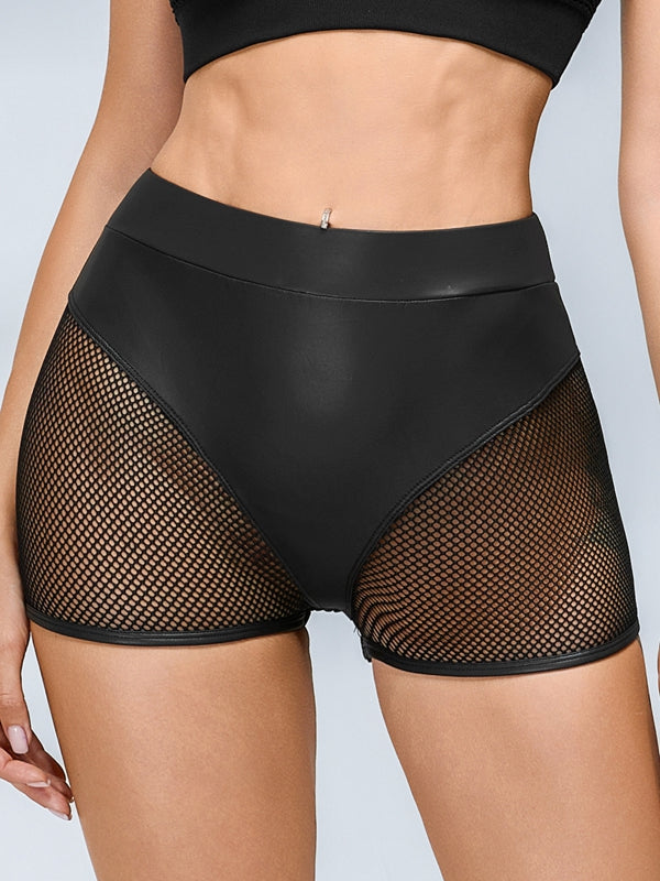 LiviaGym Female Sexy Faux Leather Fishnet Micro Hot Shorts