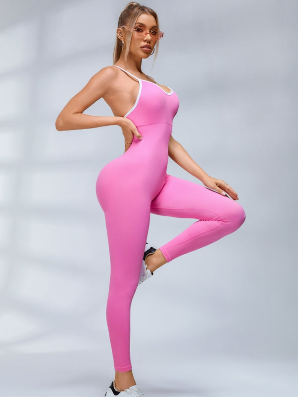 LiviaGym Female Contrast Color Cross Back Ribbed Jumpsuit