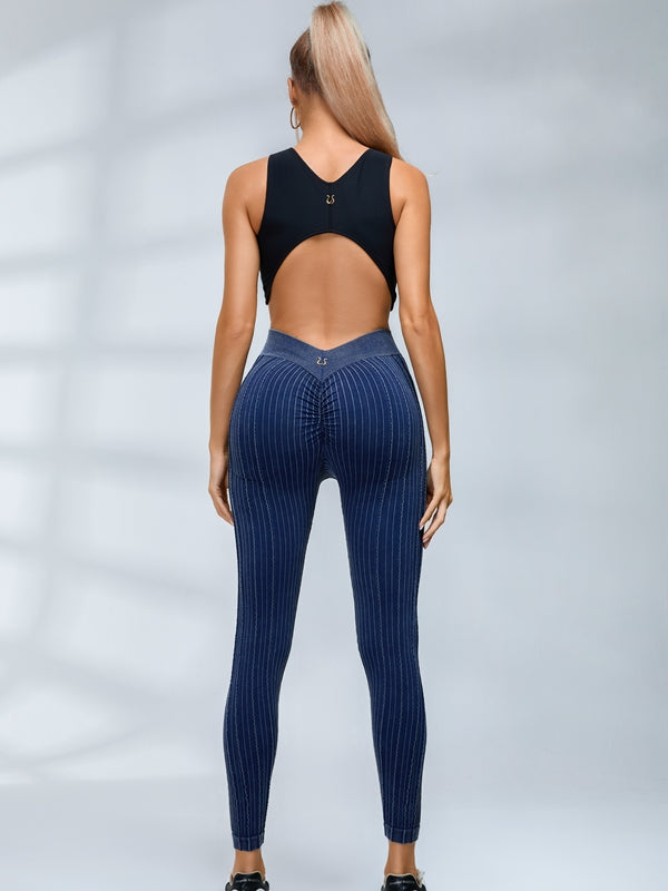 LiviaGym Female V-shaped Waist Ribbed High-waisted Hip-lift Scrunch Bum Leggings