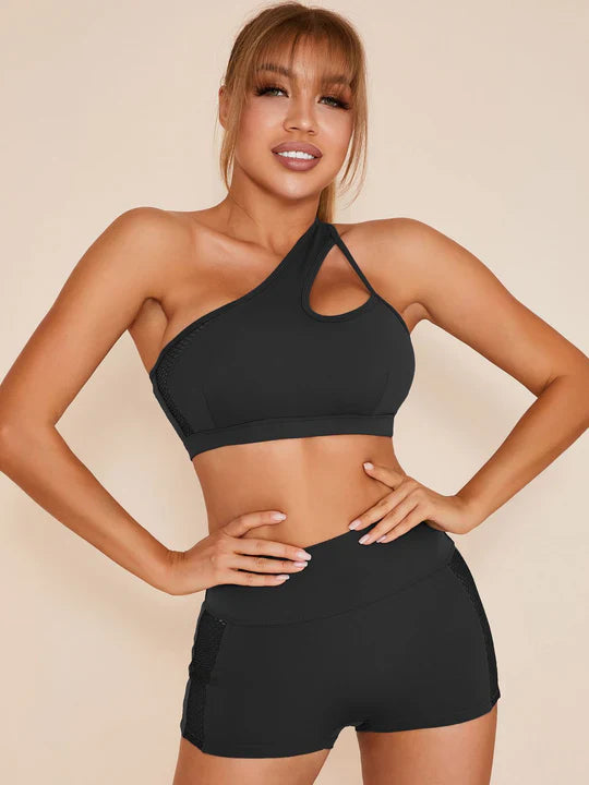 LiviaGym Female Sexy Mesh Stitching Cutout Spandex Gym Booty Shorts