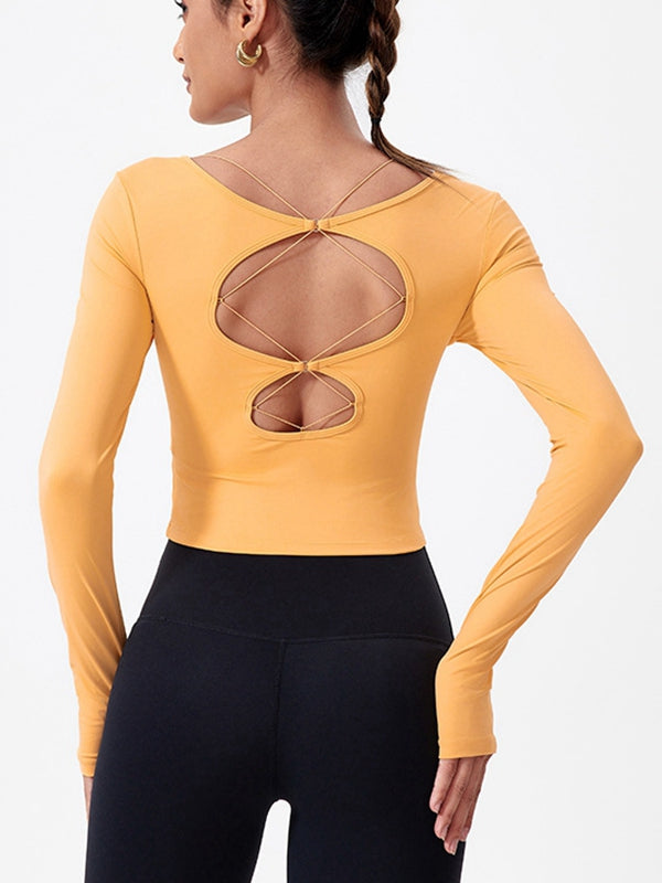 LiviaGym Hollow Out Faux Denim Cross Back Backless Yoga Long Sleeves