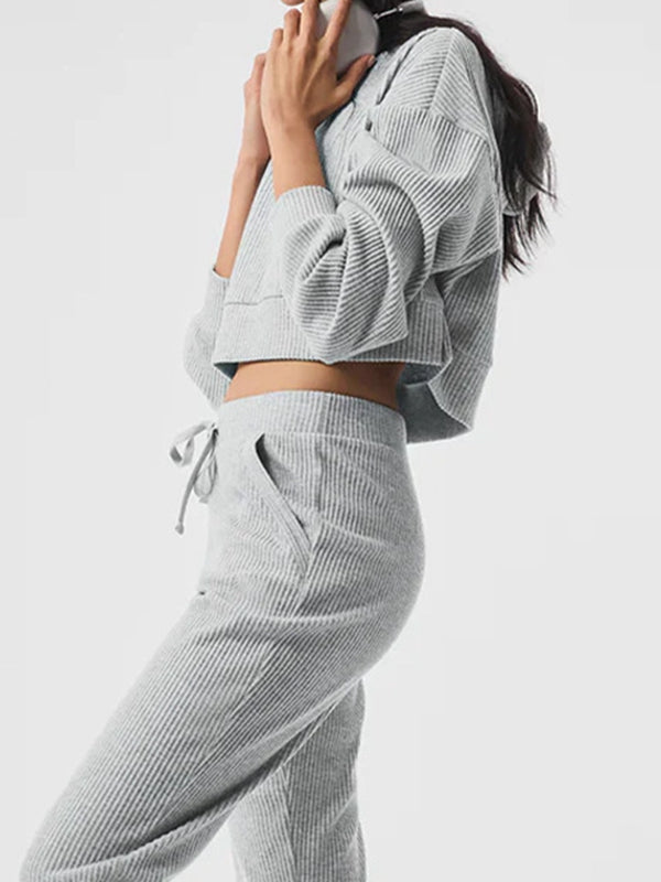 LiviaGym Female Velvet Ribbed Pocket Hooded Tracksuit