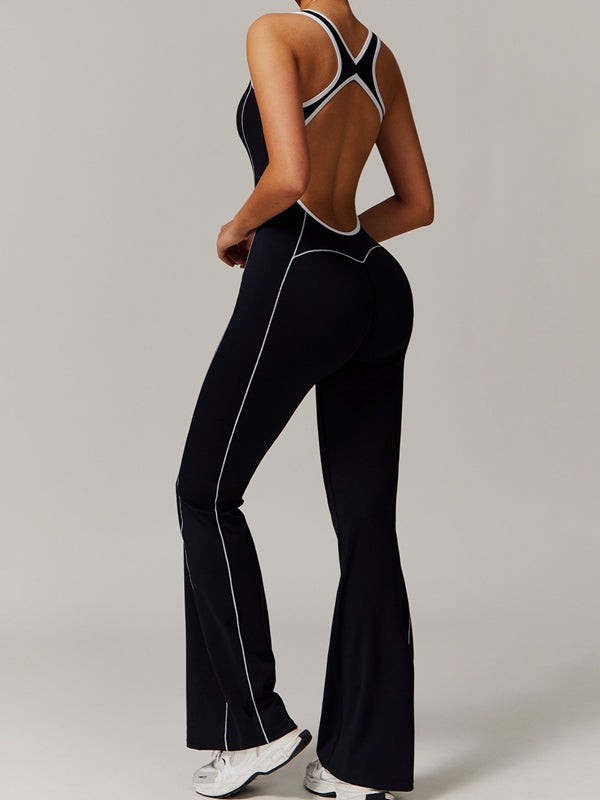 LiviaGym Female Backless Stripes Flare Jumpsuit