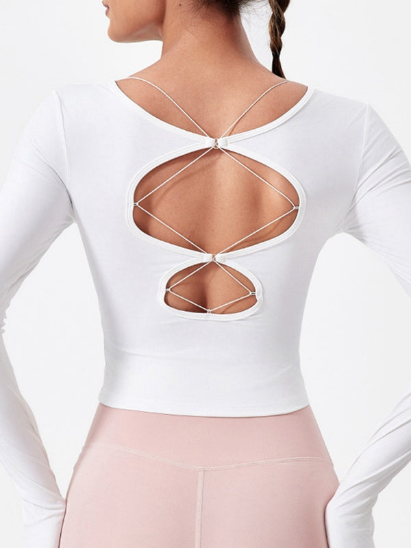 LiviaGym Hollow Out Faux Denim Cross Back Backless Yoga Long Sleeves