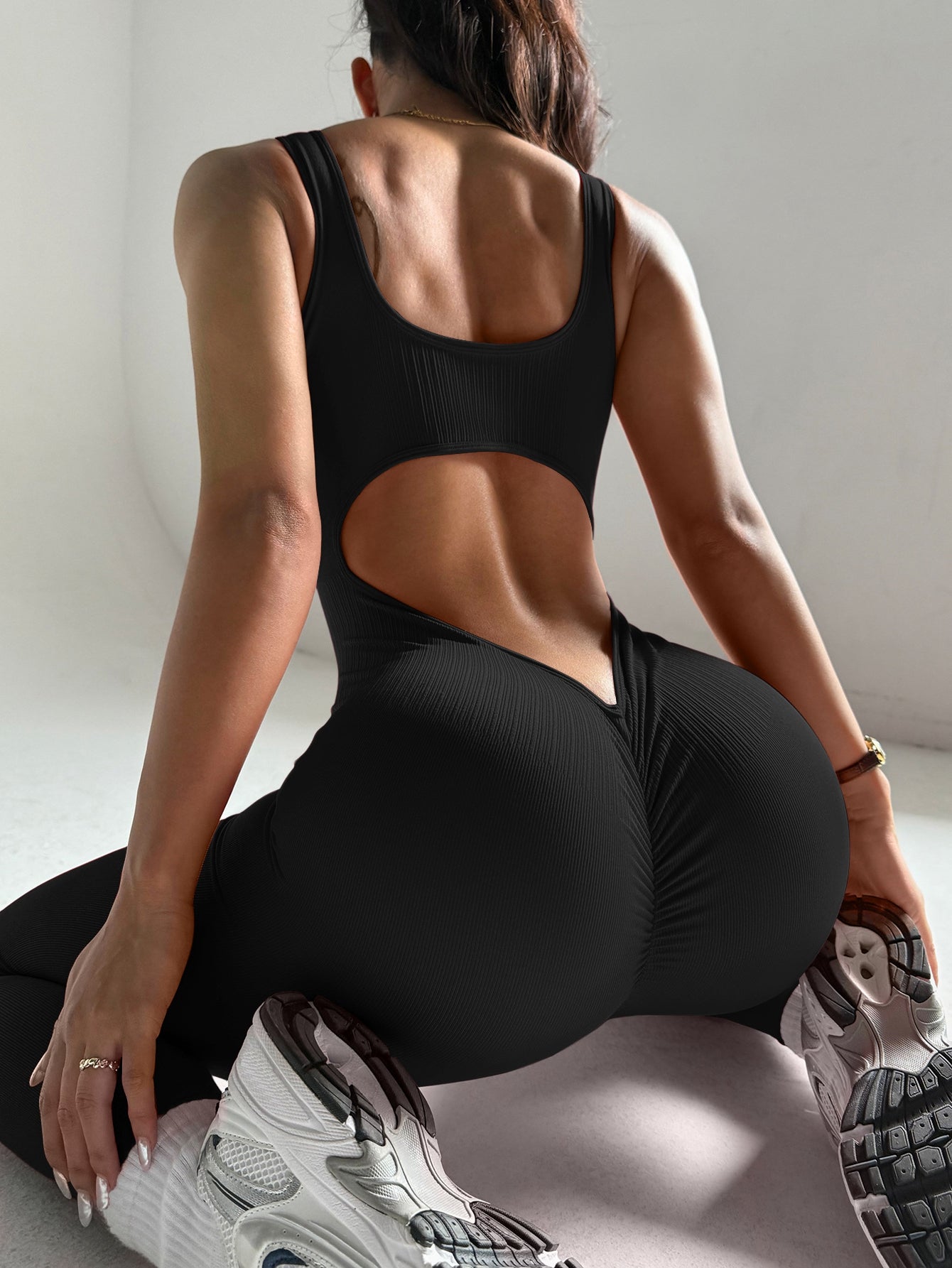 LiviaGym Female  Deep V Back Ribbed Jumpsuit