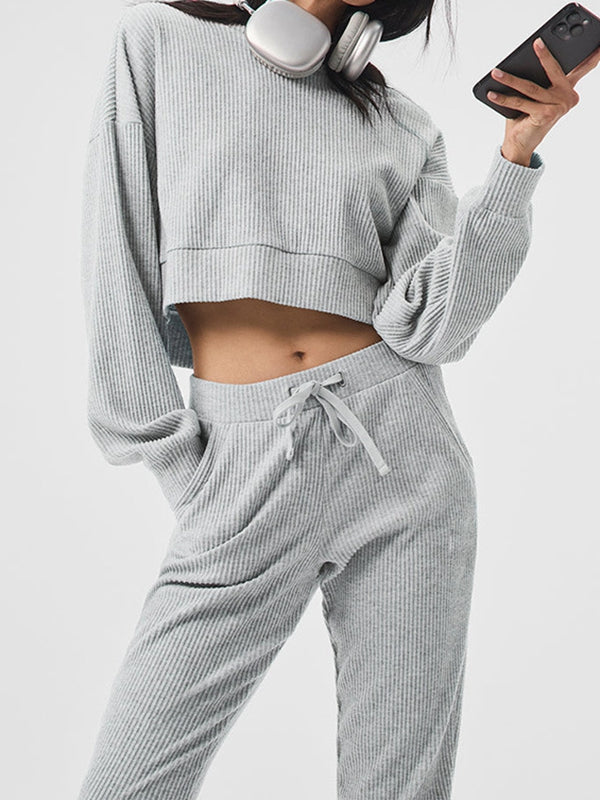 LiviaGym Female Velvet Ribbed Pocket Hooded Tracksuit