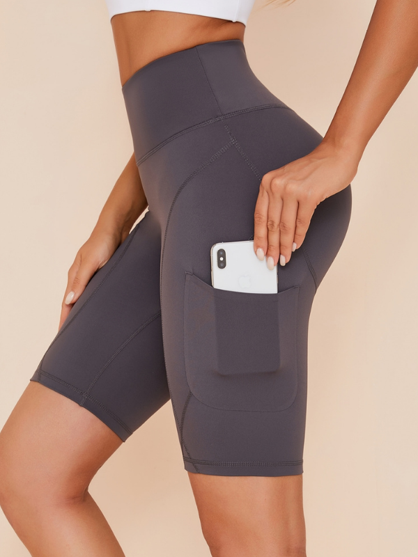 LiviaGym Female Pocket Solid Color High Waist Spandex Gym Booty Shorts