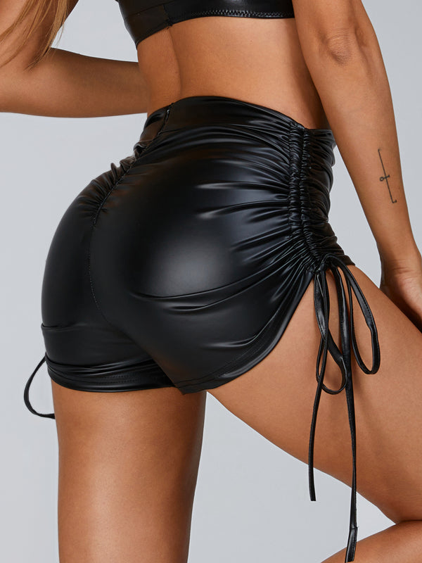 LiviaGym Female PU Faux Leather Folds Drawstring Spandex Gym Booty Shorts