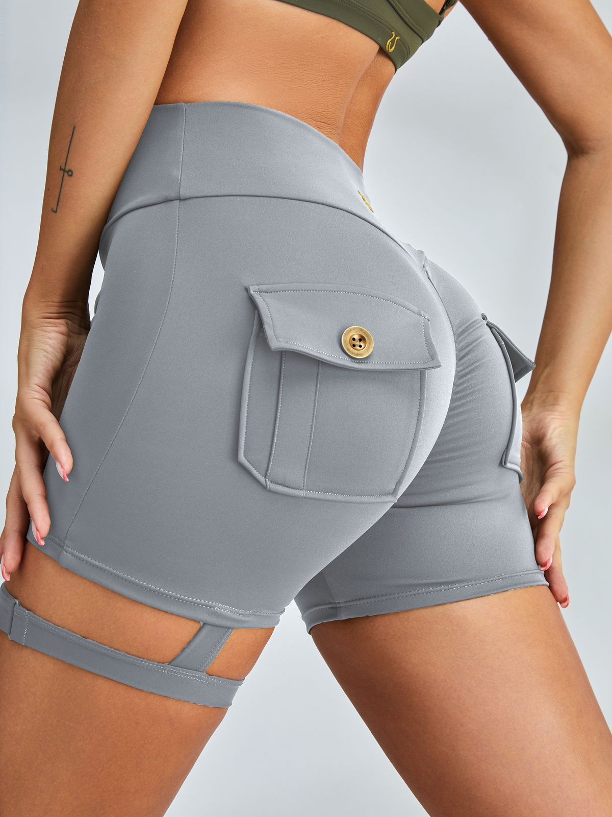 LiviaGym Female Unique Cut Out Pocket Mesh Scrunch Bum Spandex Gym Booty Shorts