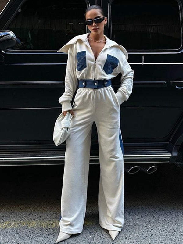 LiviaGym Female Sexy Denim Contrast Color Pocket Casual Tracksuit