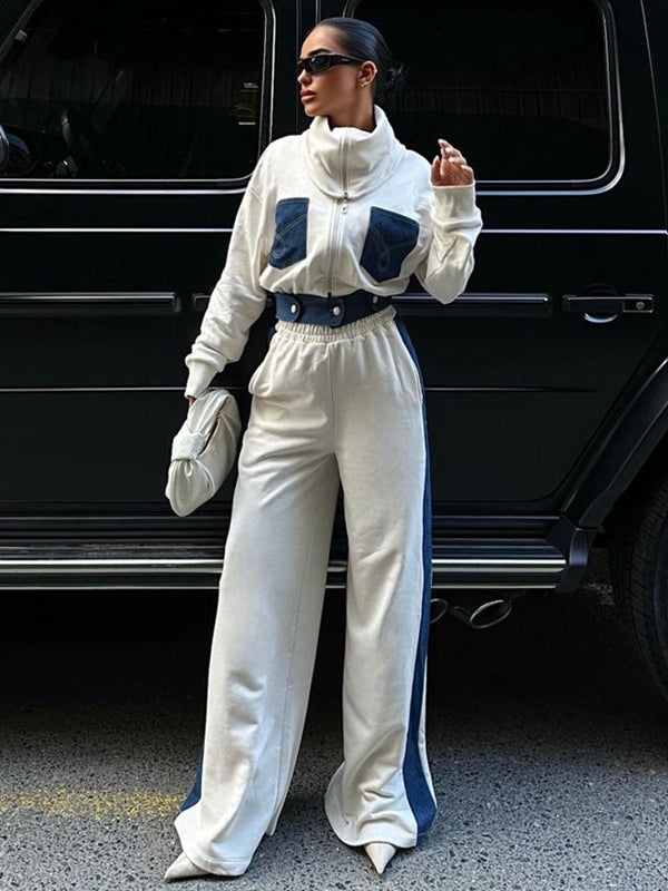 LiviaGym Female Sexy Denim Contrast Color Pocket Casual Tracksuit