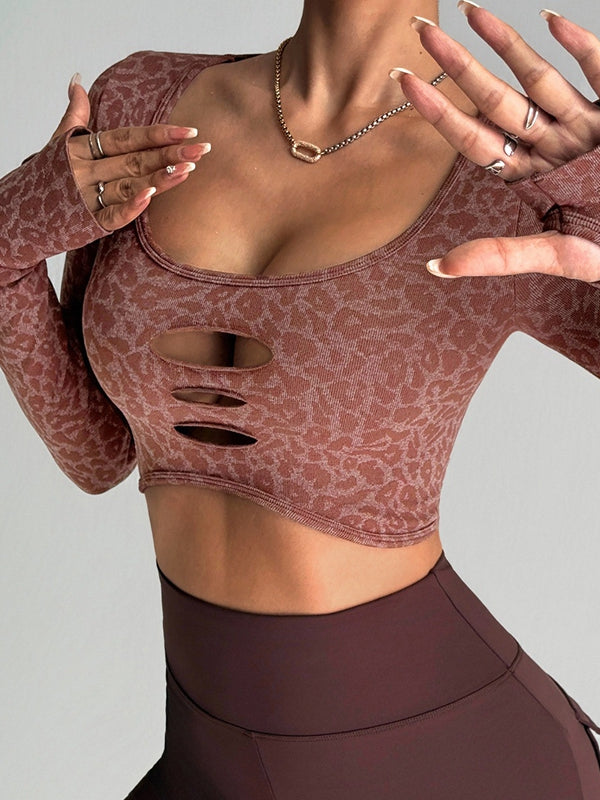 LiviaGym Female Leopard Print Cutout Long Sleeves
