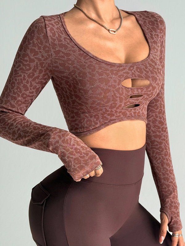LiviaGym Female Leopard Print Cutout Long Sleeves