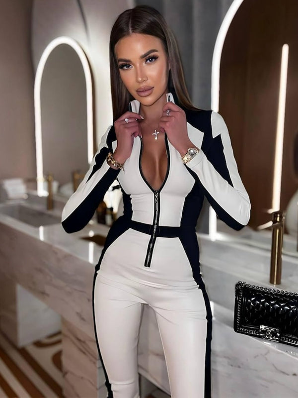 LiviaGym Female "SciFi Heroine" Contrast Color PU Half Zipper Ski Jumpsuit