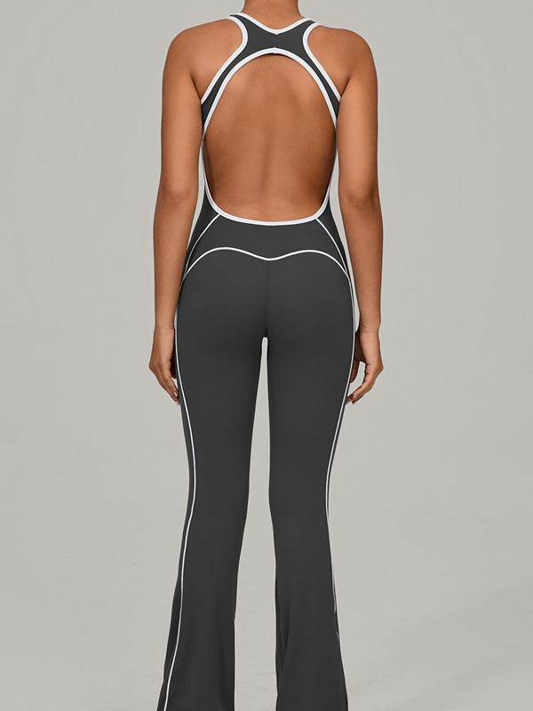 LiviaGym Female Backless Stripes Flare Jumpsuit