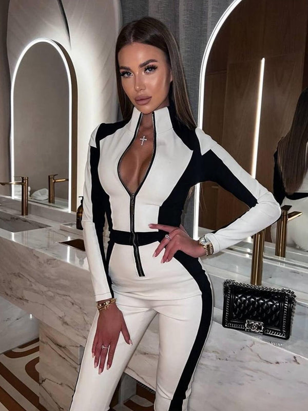 LiviaGym Female "SciFi Heroine" Contrast Color PU Half Zipper Ski Jumpsuit