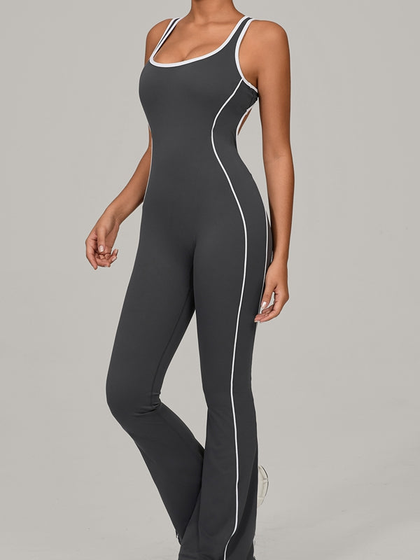 LiviaGym Female Backless Stripes Flare Jumpsuit