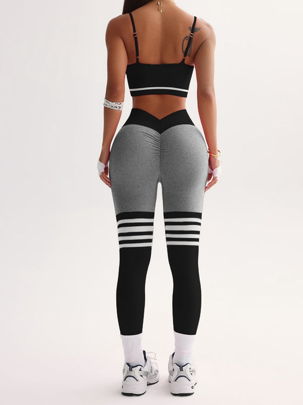 LiviaGym Female Stripes Deep V Back 3-Pieces Tracksuit